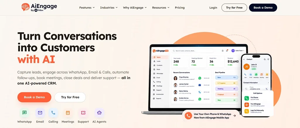 AiEngage CRM, a HubSpot alternative with built-in WhatsApp and AI