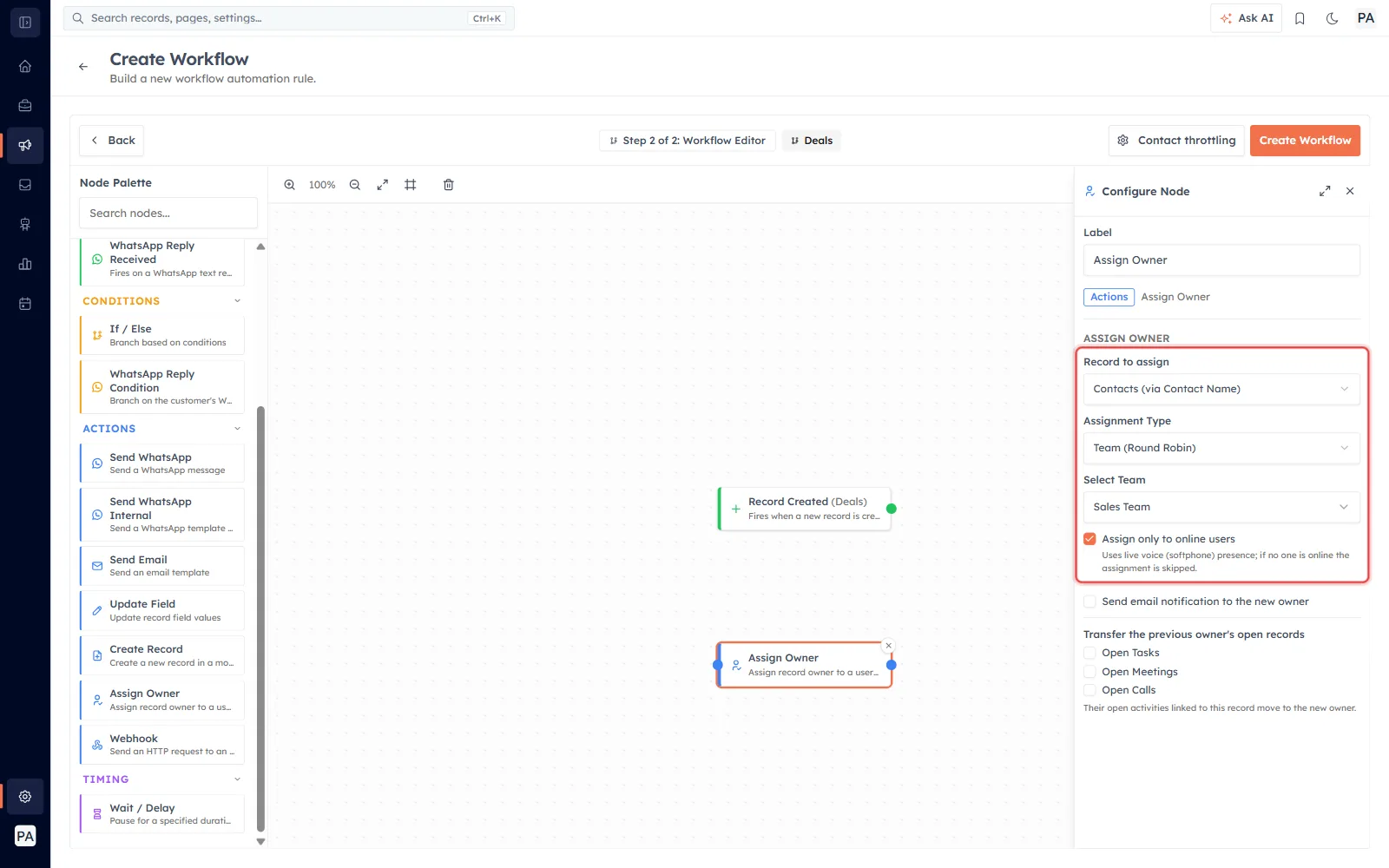 The Assign Owner action set to a related record (Contacts via Contact Name), Team (Round Robin) → Sales Team, with “Assign only to online users” switched on.