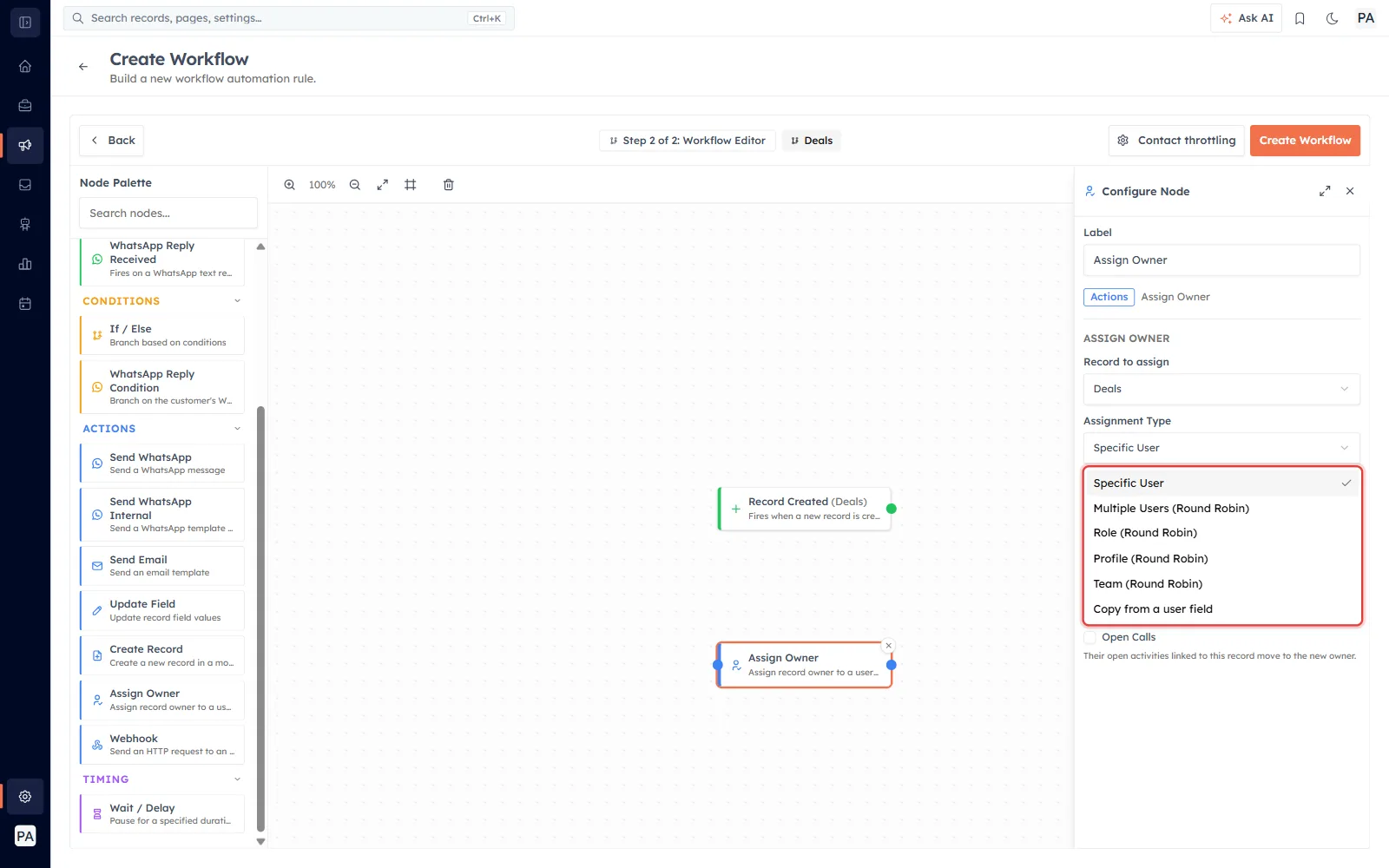 The Assignment Type dropdown open, showing Specific User, Multiple Users, Role, Profile and Team round-robin, and Copy from a user field.