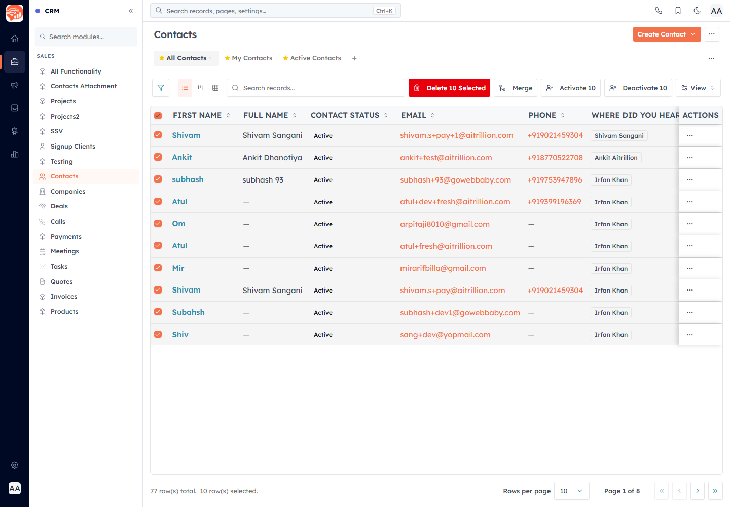 Selecting records reveals the bulk actions toolbar (Delete, Merge, Activate, Deactivate)