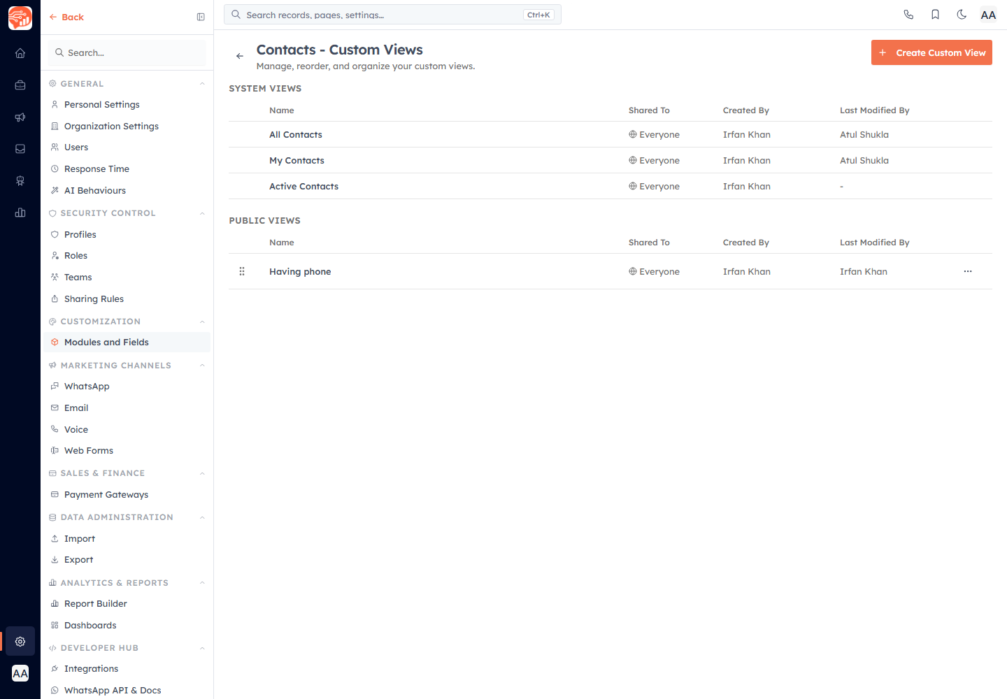 The Custom Views manager — system and public views