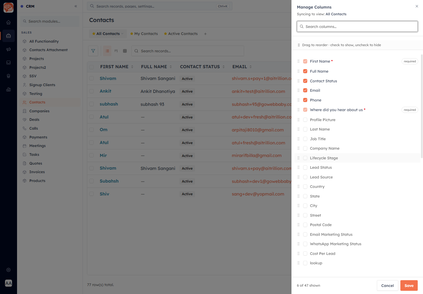 The Manage Columns panel — show, hide and drag to reorder fields