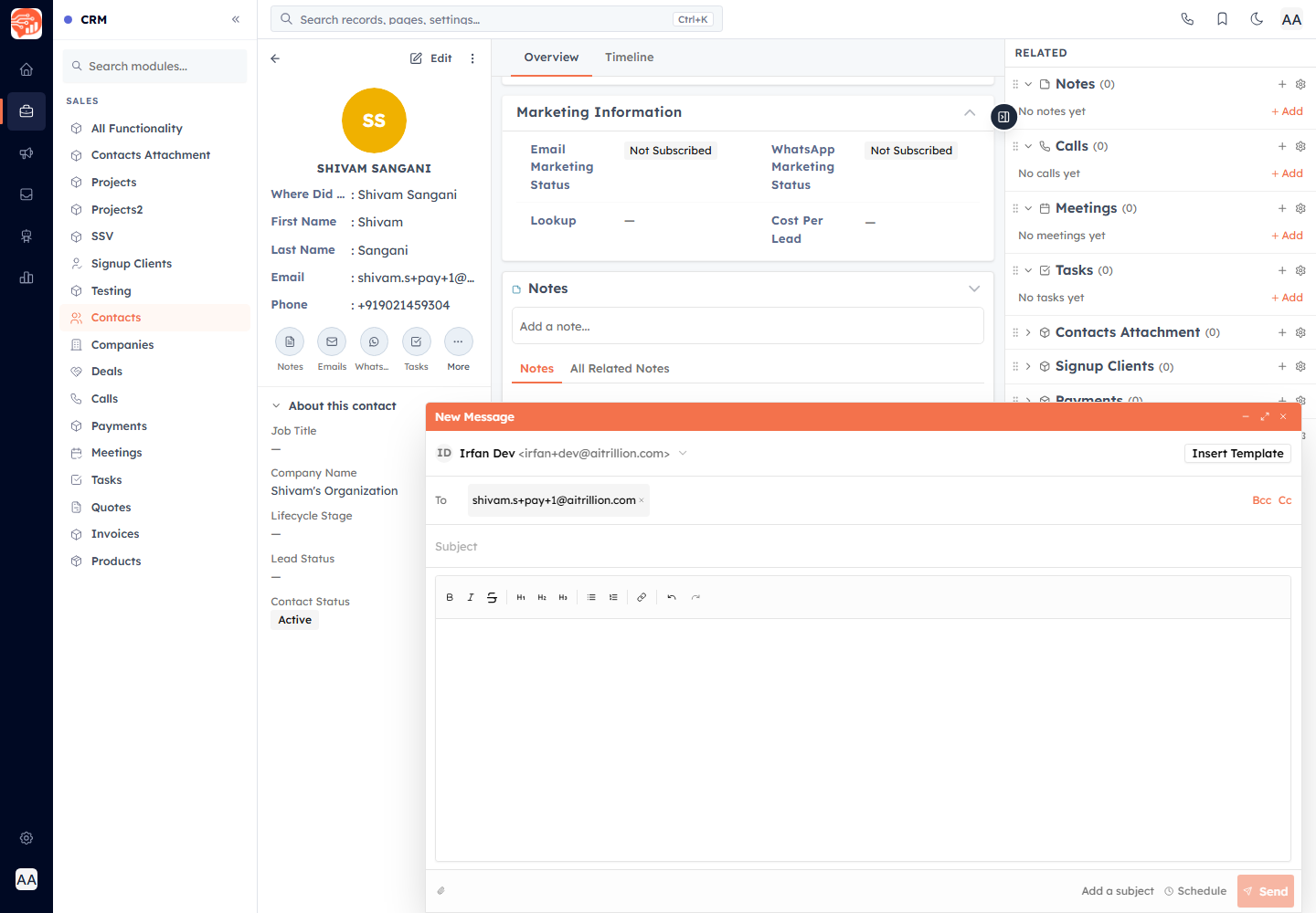 The compose email window opened on a contact record