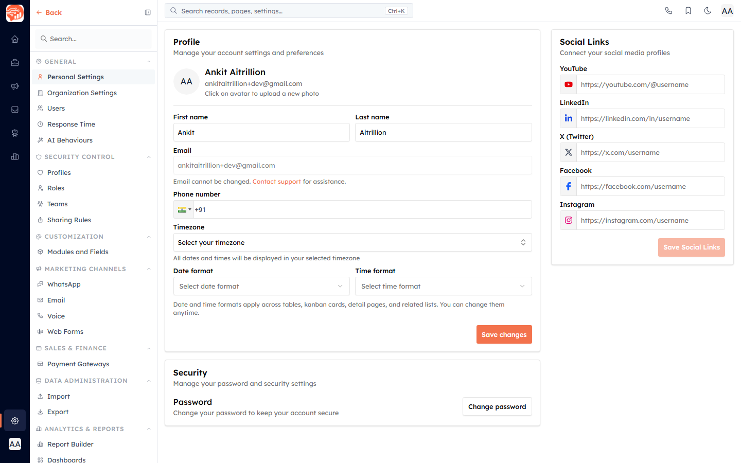 The Profile page Security card with Change password