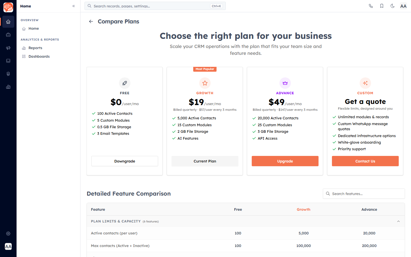The Compare Plans page — plan cards and feature comparison