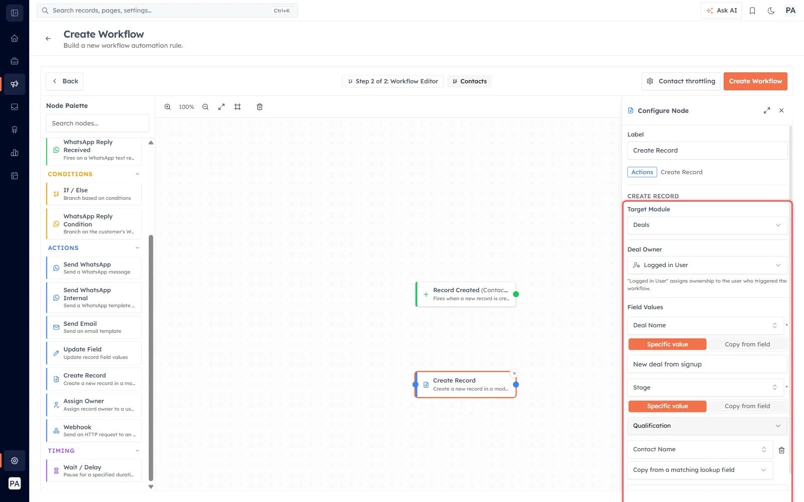 The Create Record action creating a Deal: Target Module “Deals”, Owner “Logged in User”, Deal Name and Stage set, and the Contact Name lookup set to “Copy from a matching lookup field”.
