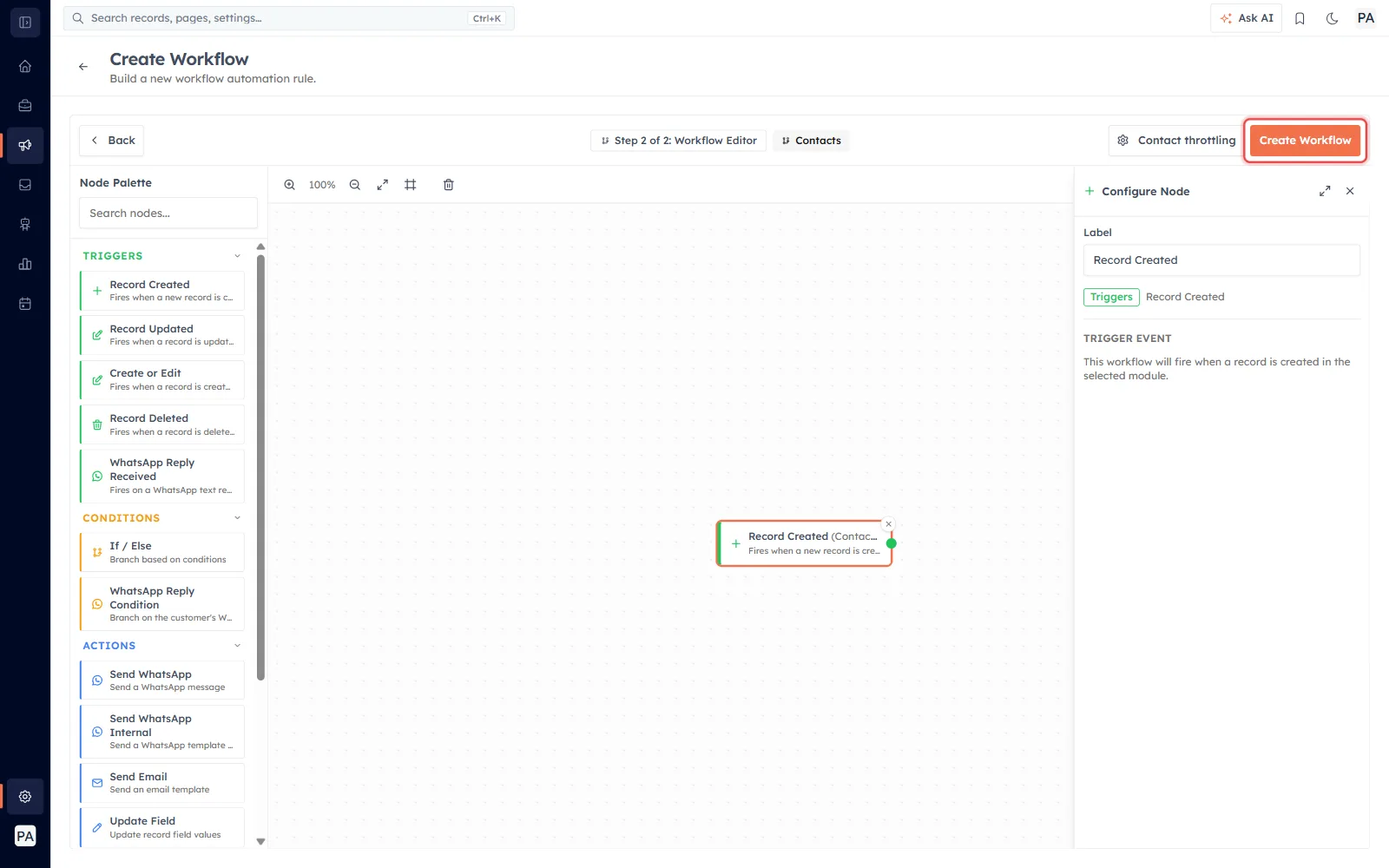 The workflow editor with the Create Workflow button in the top-right highlighted.
