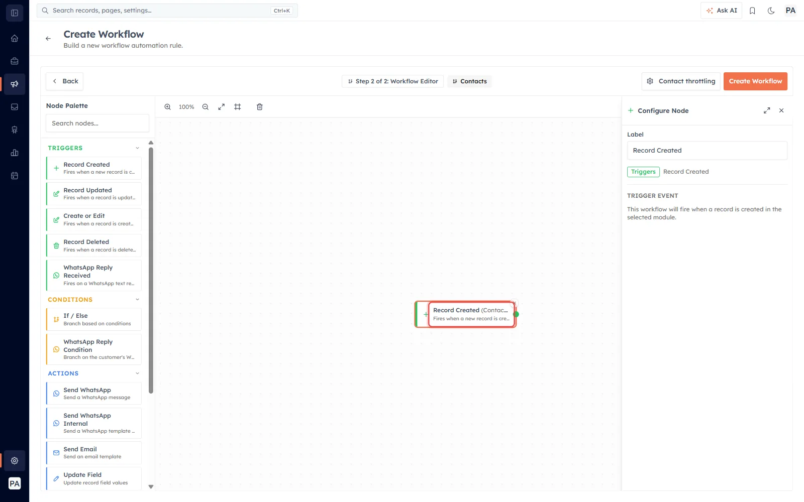 The Record Created trigger placed on the canvas, with its Trigger Event settings shown in the Configure Node panel.