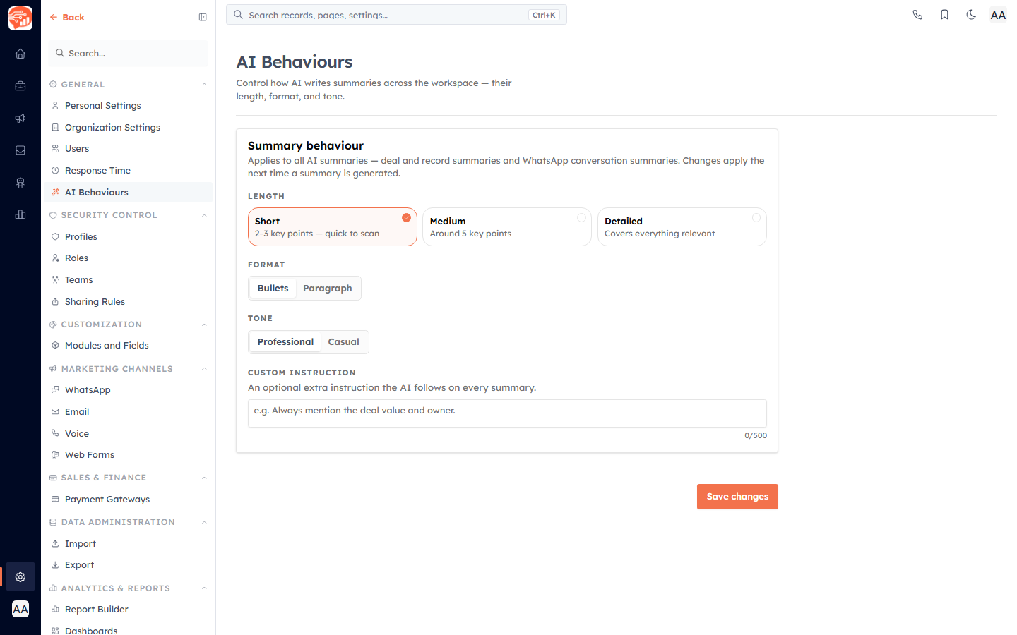 The AI Behaviours settings page — Length, Format, Tone and custom instruction