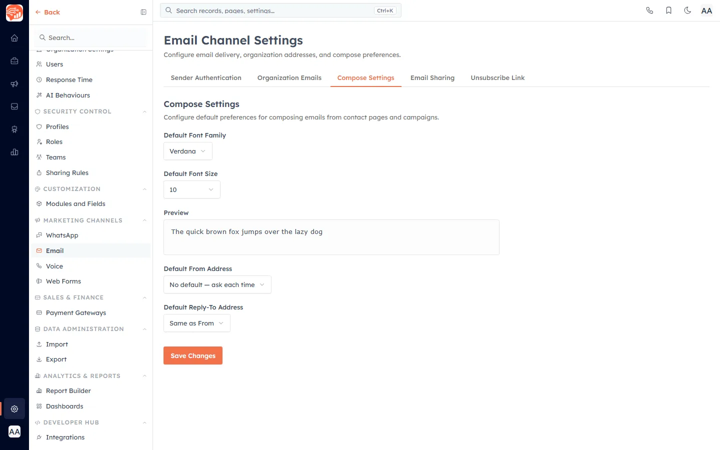 Email Compose Settings — default font, From and Reply-To