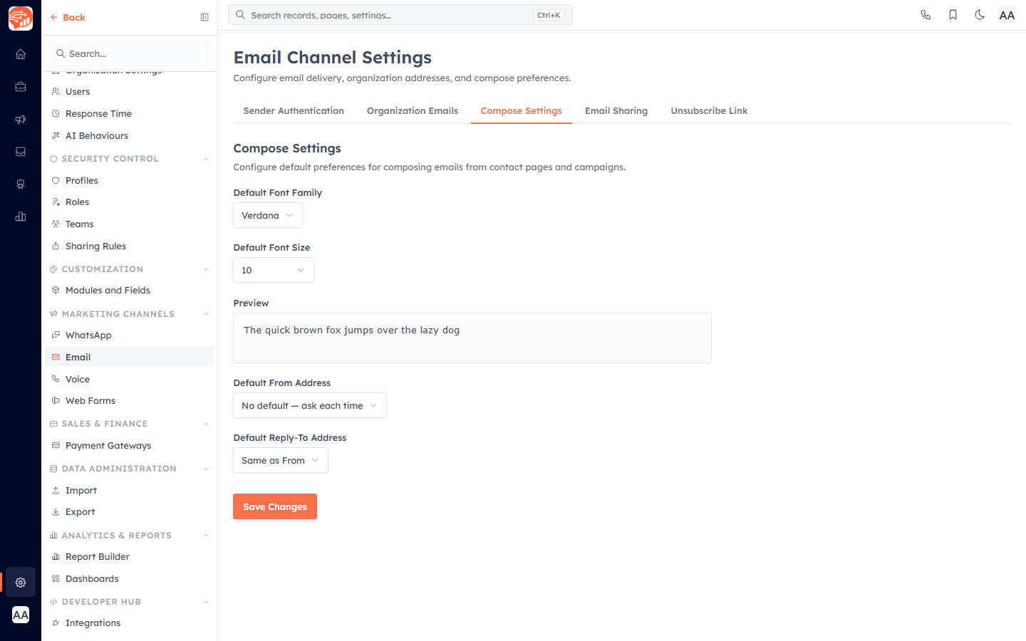 Email Compose Settings — default font, From and Reply-To