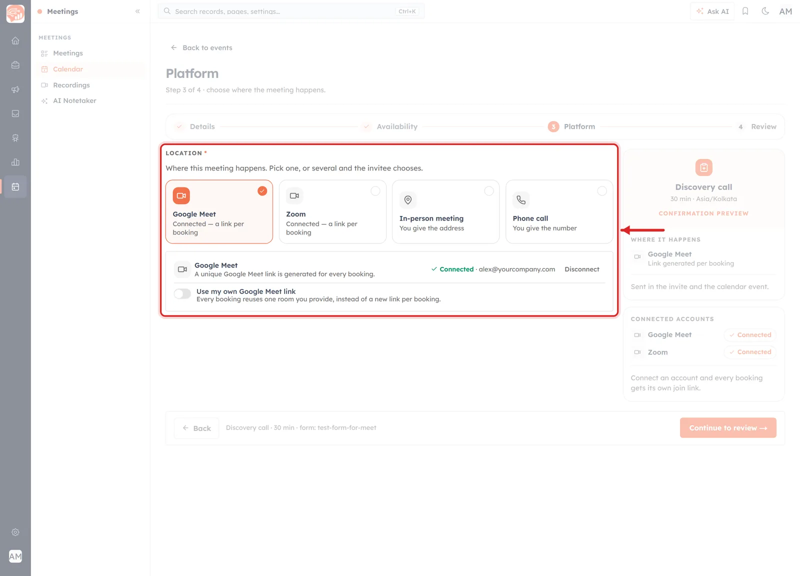 Step 3 of the event wizard, titled Platform. A red box and arrow surround the LOCATION block: four tiles — Google Meet (selected, with an orange tick), Zoom, In-person meeting and Phone call — and below them the Google Meet connection card.