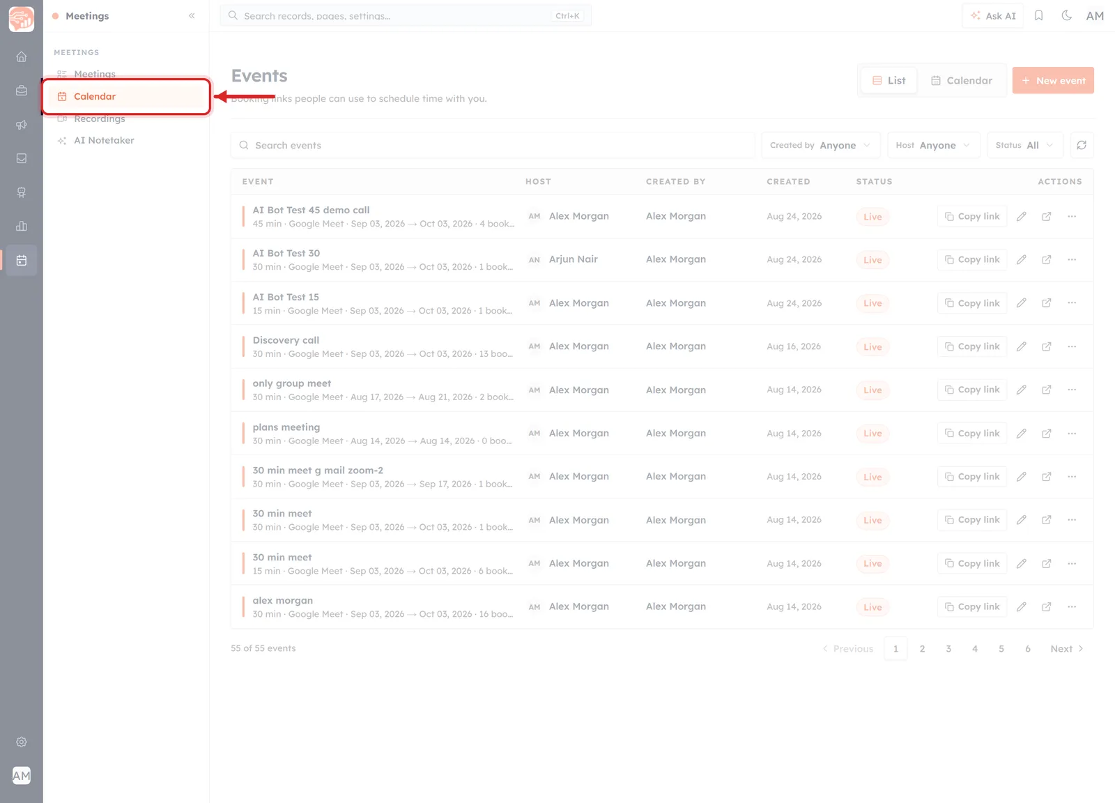 The Meetings section of the sidebar. A red arrow points at the Calendar item, which is highlighted; below it sit Recordings and AI Notetaker.