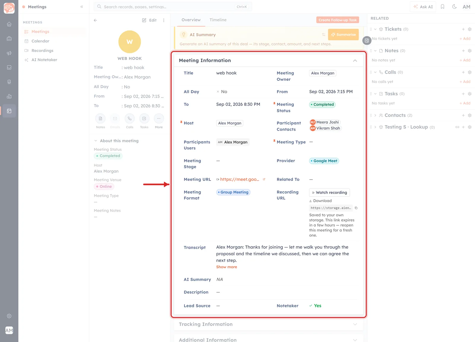 A completed meeting record. The Meeting Information card is boxed and arrowed, showing Meeting Status “Completed”, Provider “Google Meet”, a Meeting URL, a Recording URL with Watch recording and Download, a transcript and an AI Summary field.