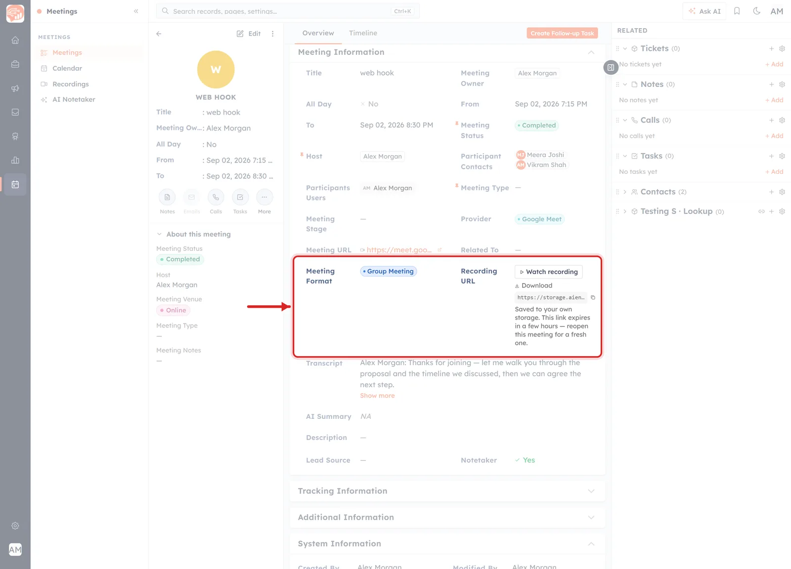 The Recording URL row, boxed and arrowed: a Watch recording button, a Download link, a shortened storage address, and the note “Saved to your own storage. This link expires in a few hours — reopen this meeting for a fresh one.”
