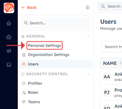 Personal Settings option in the Settings menu