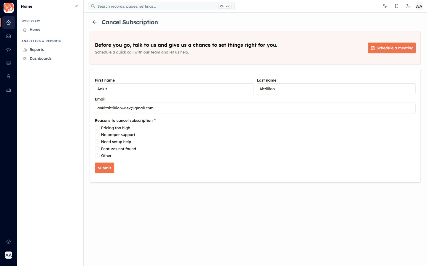 The Cancel Subscription request form with reasons