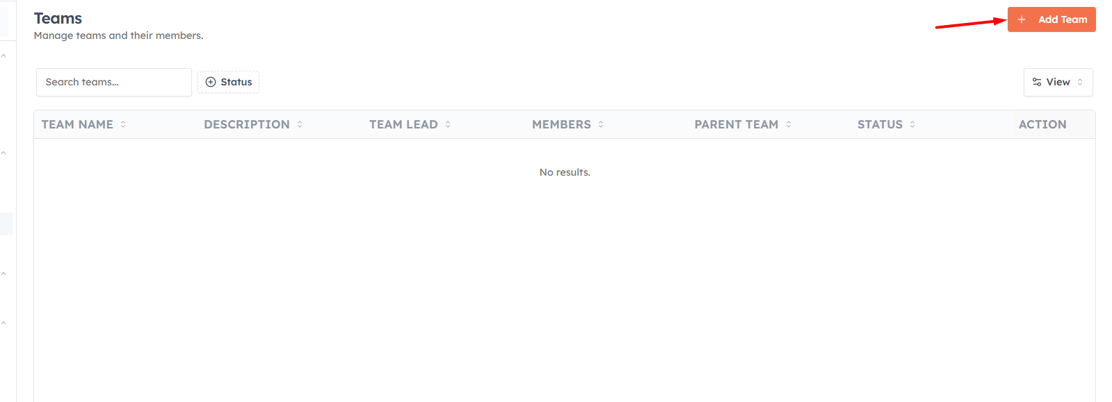 New Team button highlighted on the Teams list page