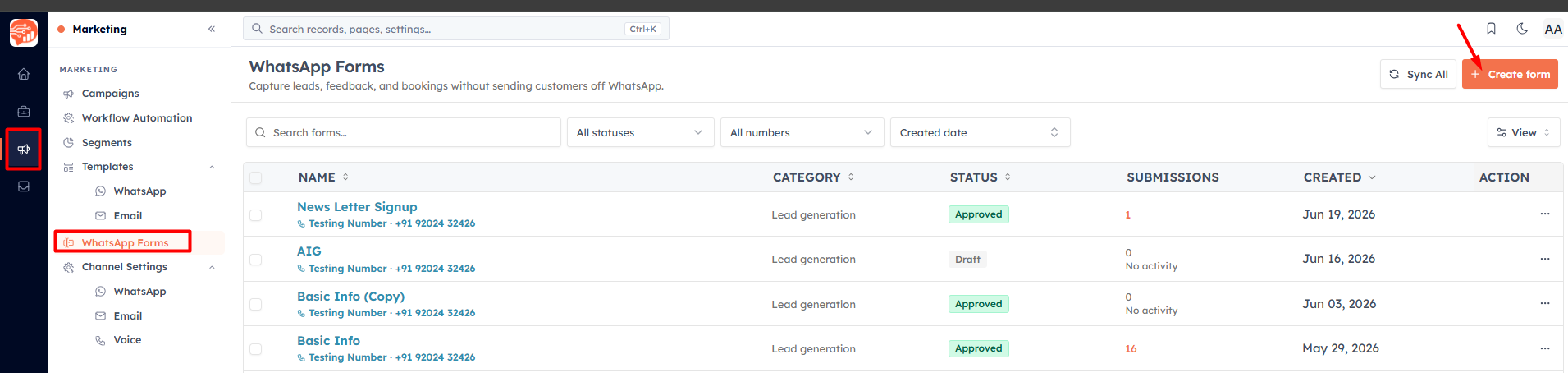 Step 1 — Open WhatsApp Forms