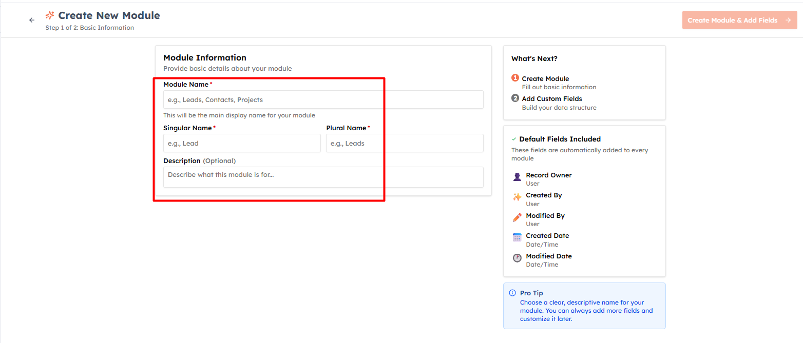 Step 2 — Fill in the module details