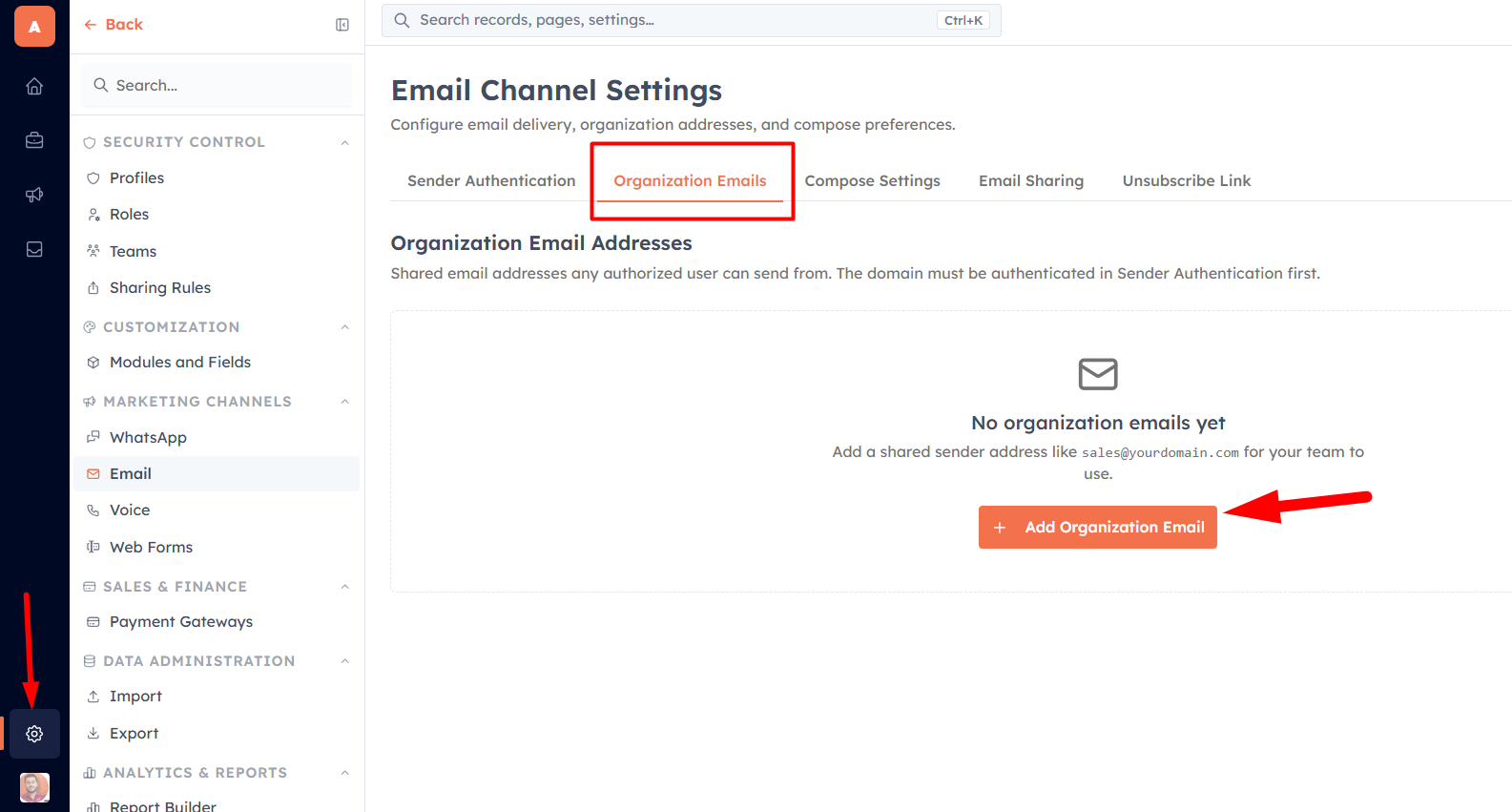 Step 1 — Open Organisation Emails