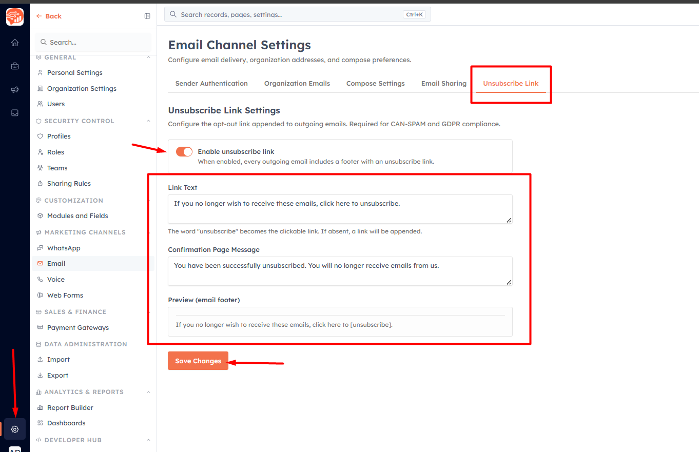 Unsubscribe settings to configure