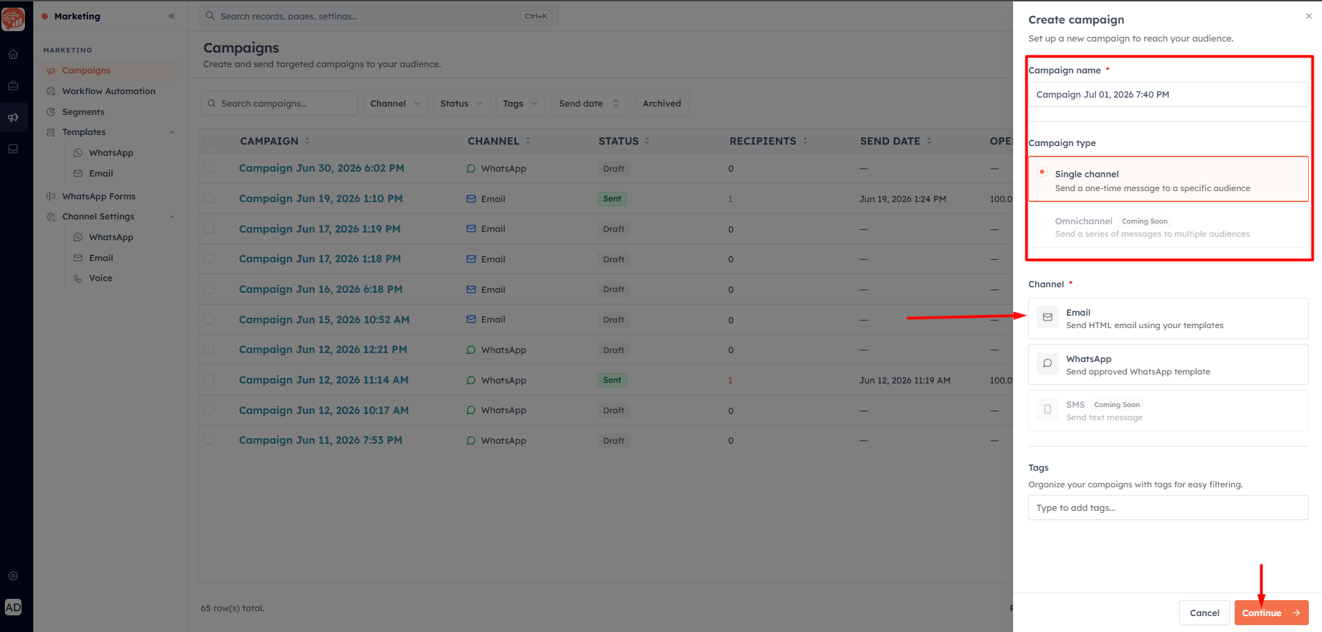 Step 2 — Fill in the Create Campaign sidebar