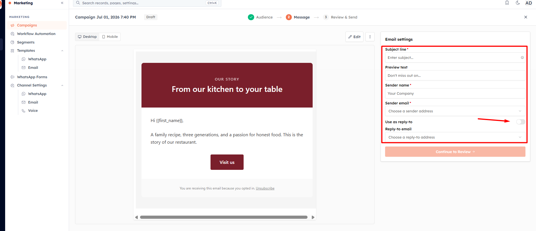 Step 5 — Configure sender settings