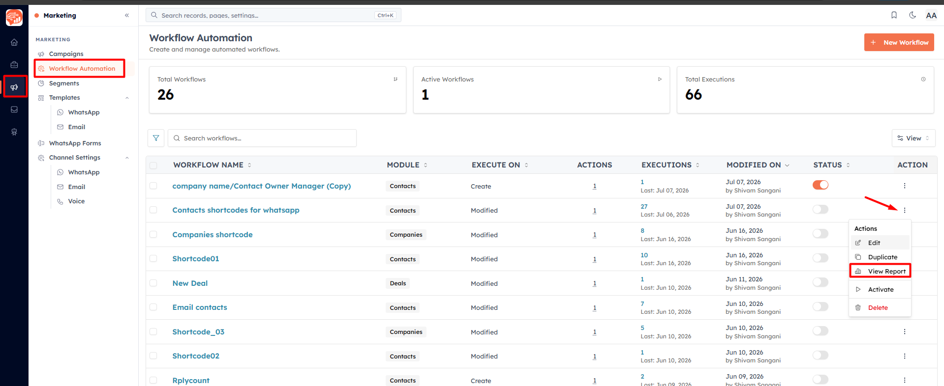 The workflow list