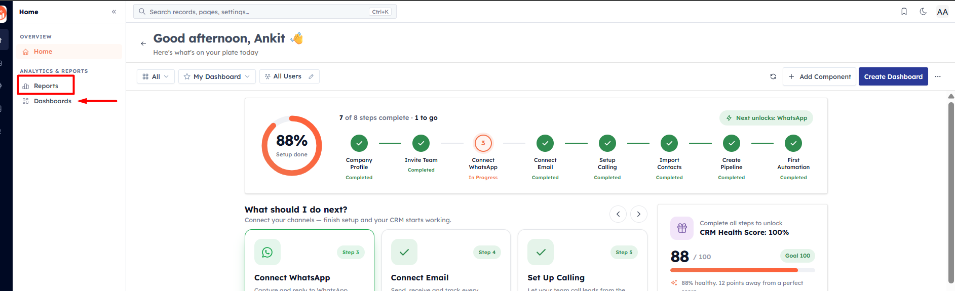 The two areas: Reports and Dashboards