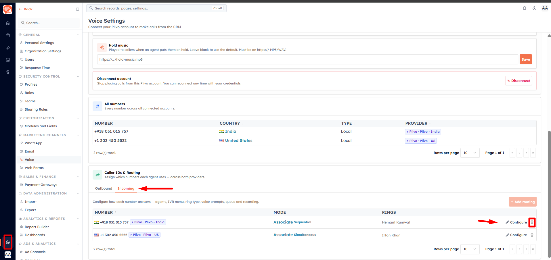 Where to configure incoming calls
