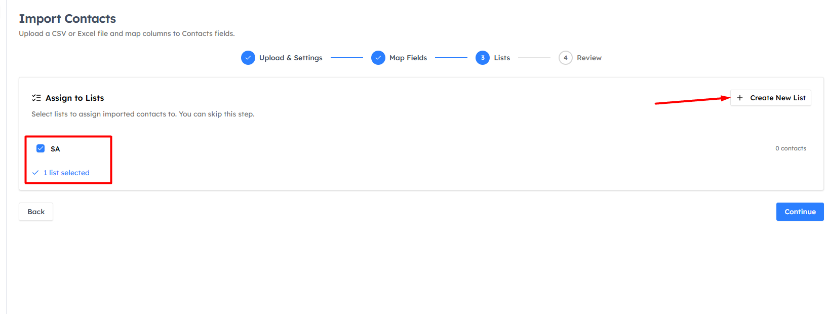 Step 3 — Lists (Contacts only)