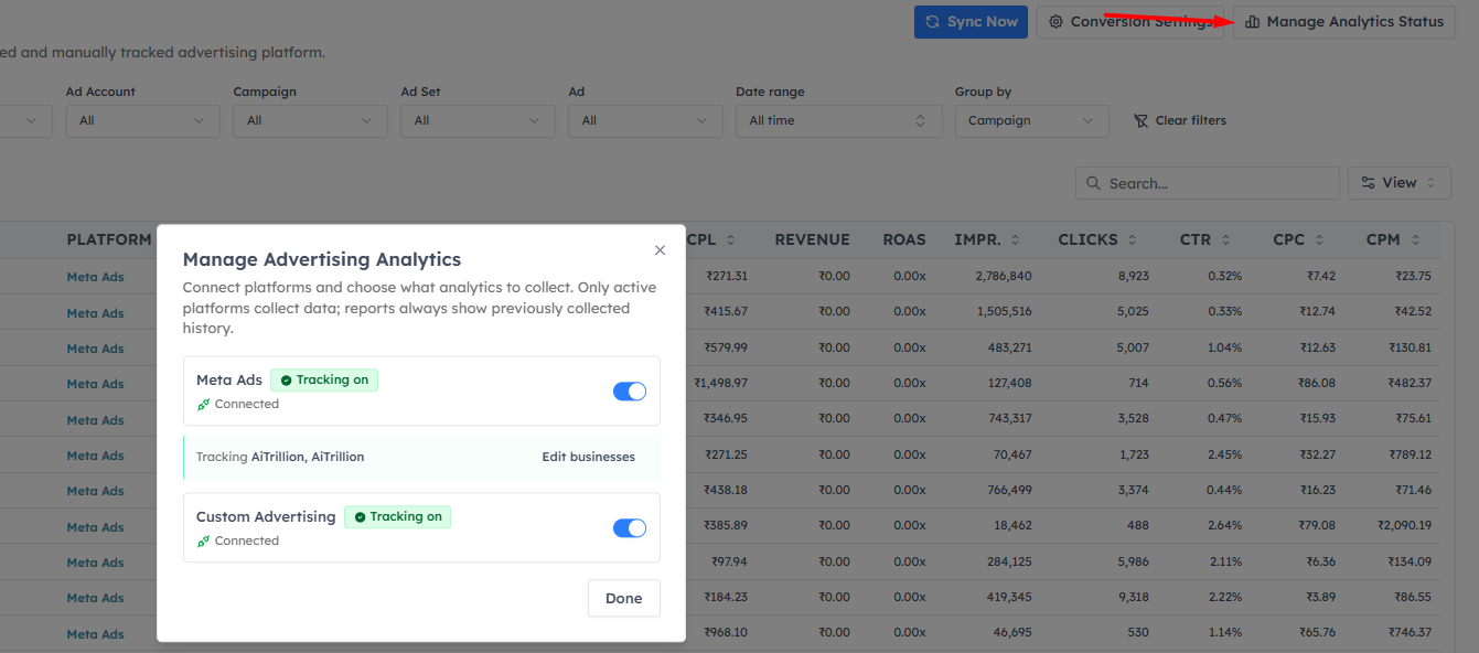 Manage Analytics Status