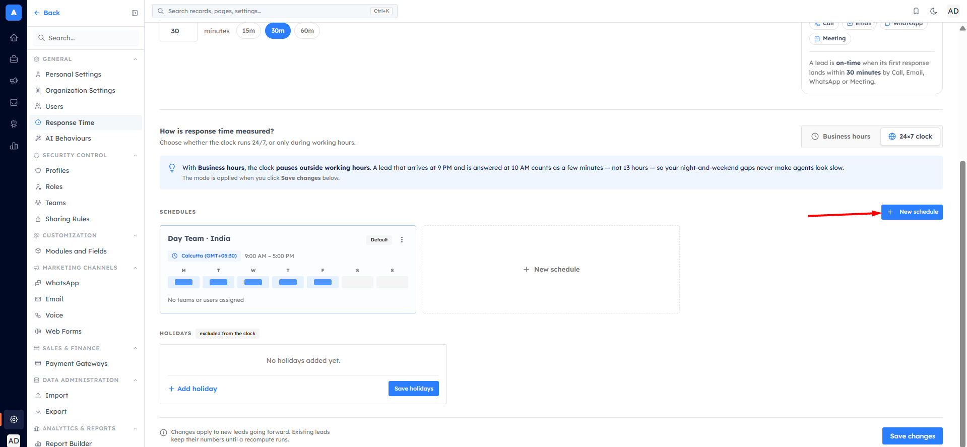 Create a working-hours schedule