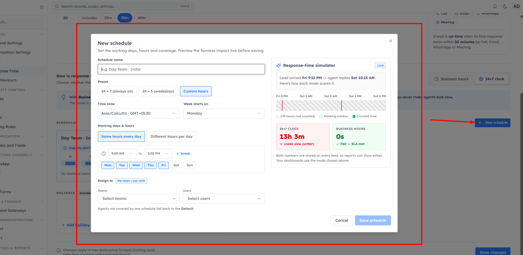 Create a working-hours schedule