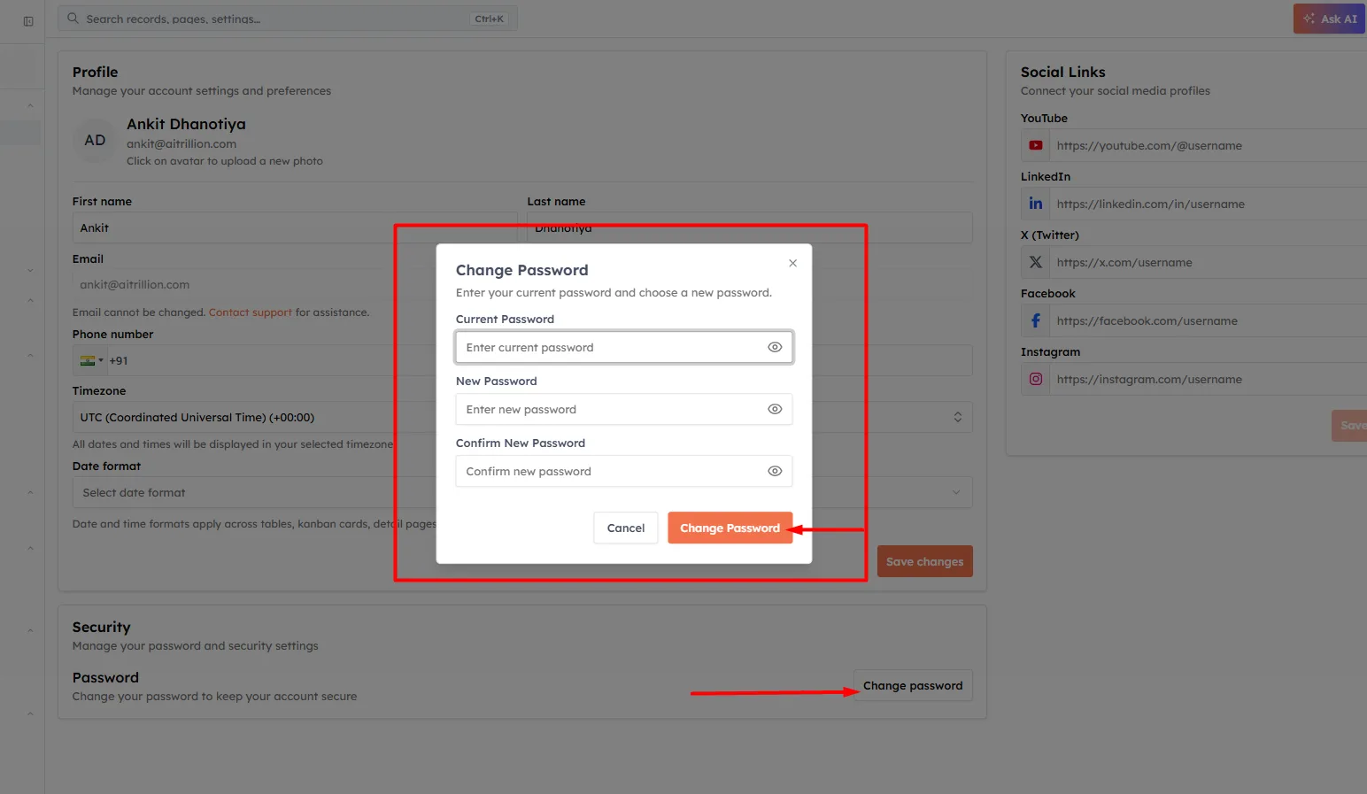 Open the Change Password dialog