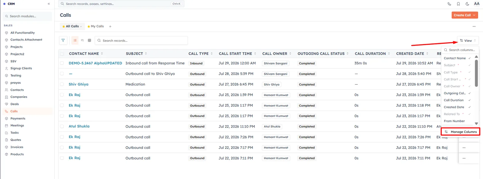 Open the full Manage Columns panel