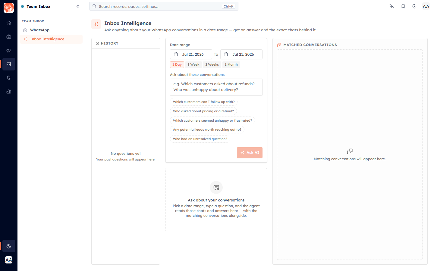 The Inbox Intelligence console — date range, question box and matched conversations