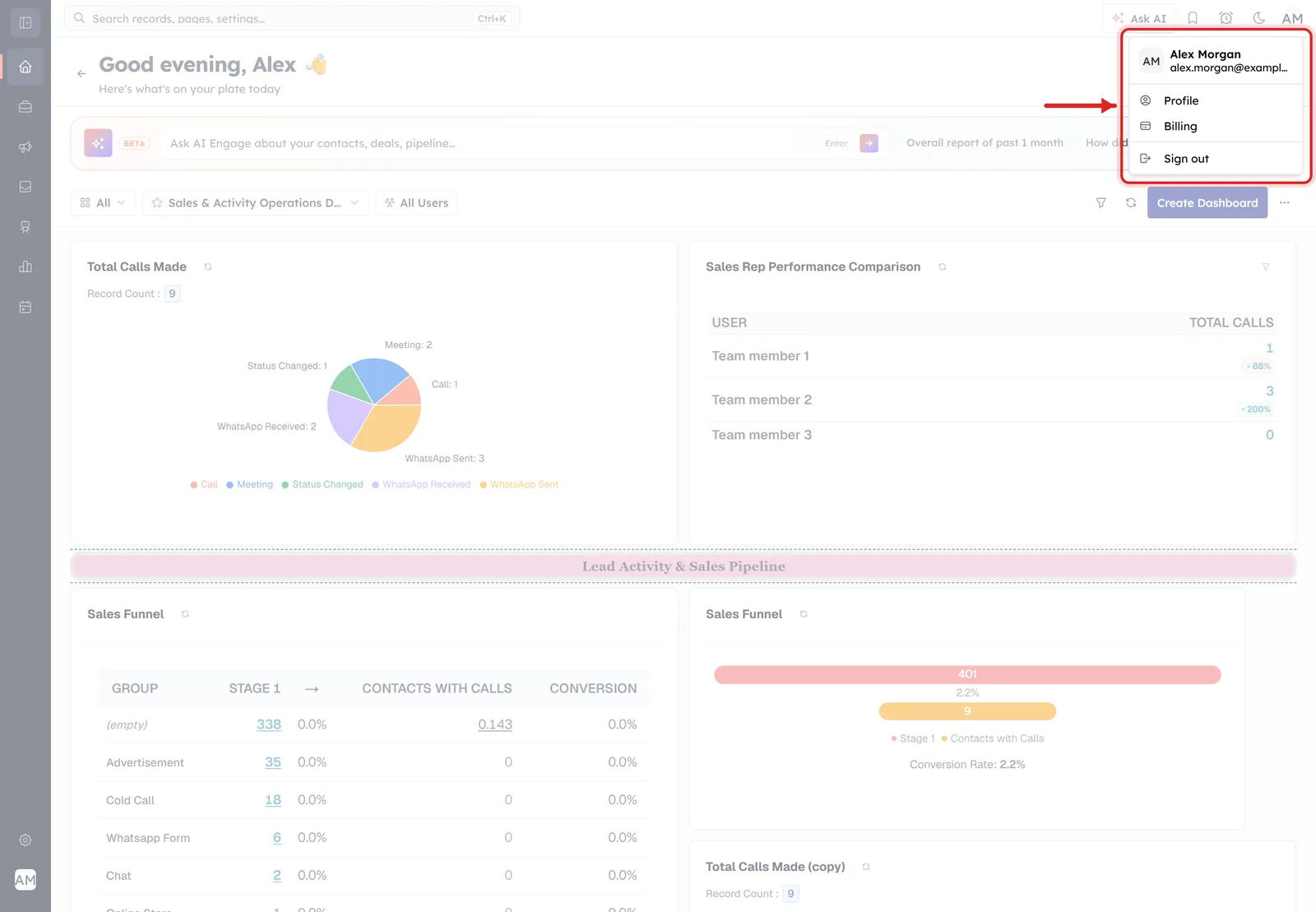 The Dashboards screen with the avatar menu open and Profile ringed in red