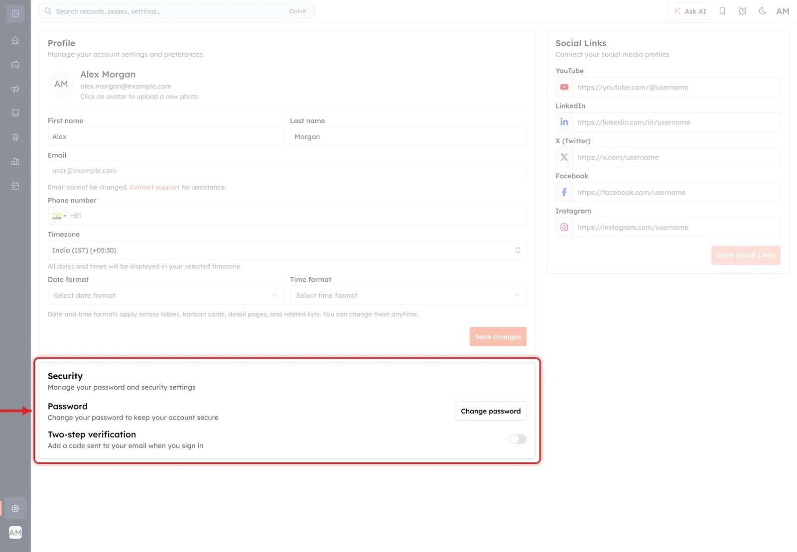 The Profile page with the Security card ringed at the bottom of the left column