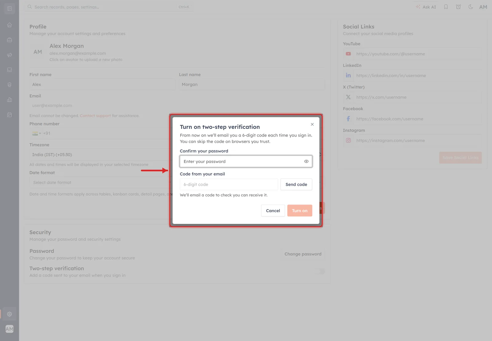 The Turn on two-step verification dialog over the Profile page