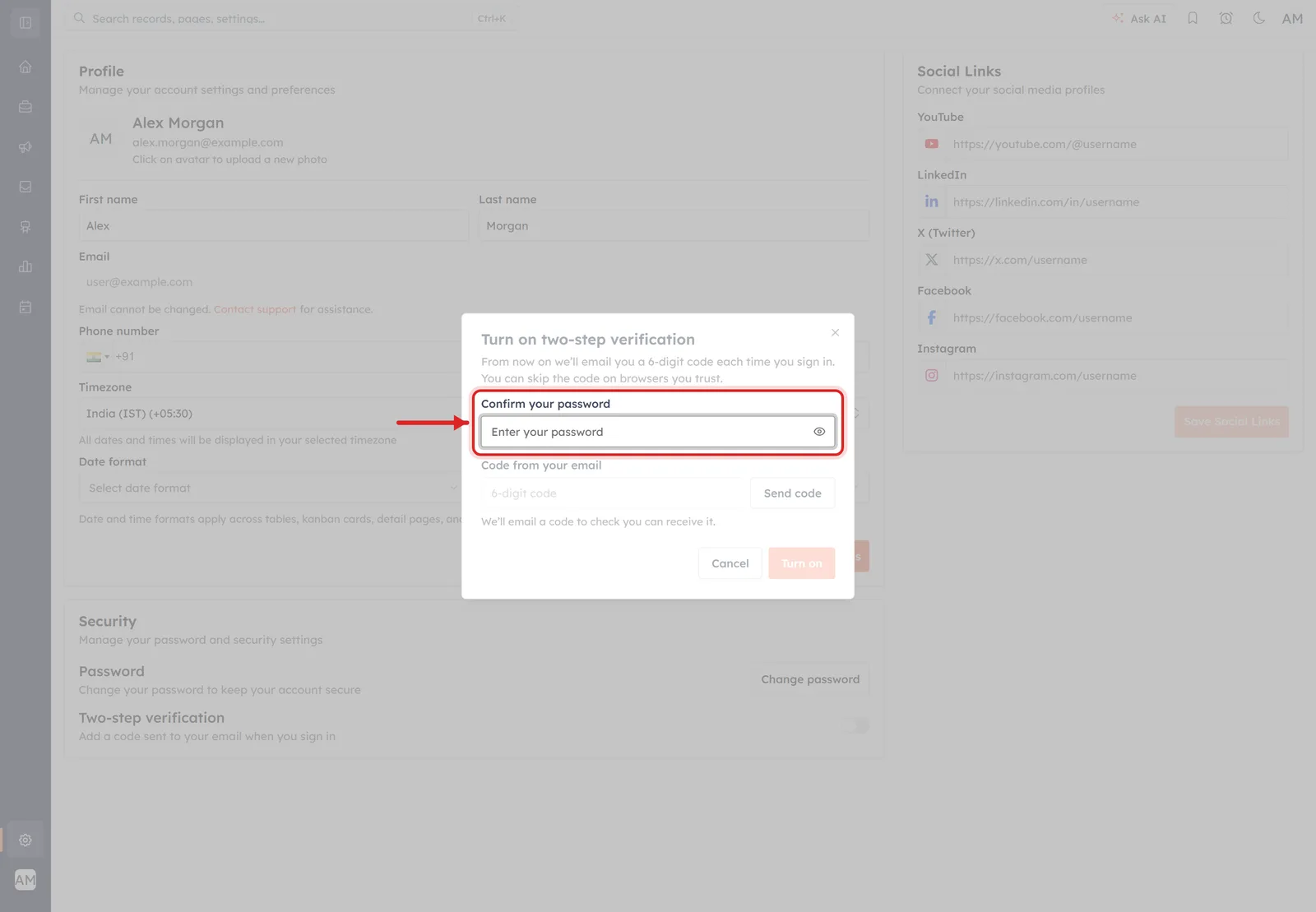 The Confirm your password field inside the dialog, with its show-password eye icon