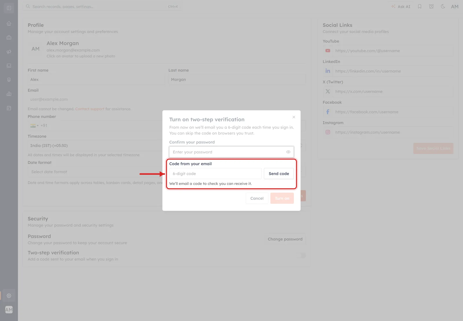 The Code from your email field with the Send code button beside it