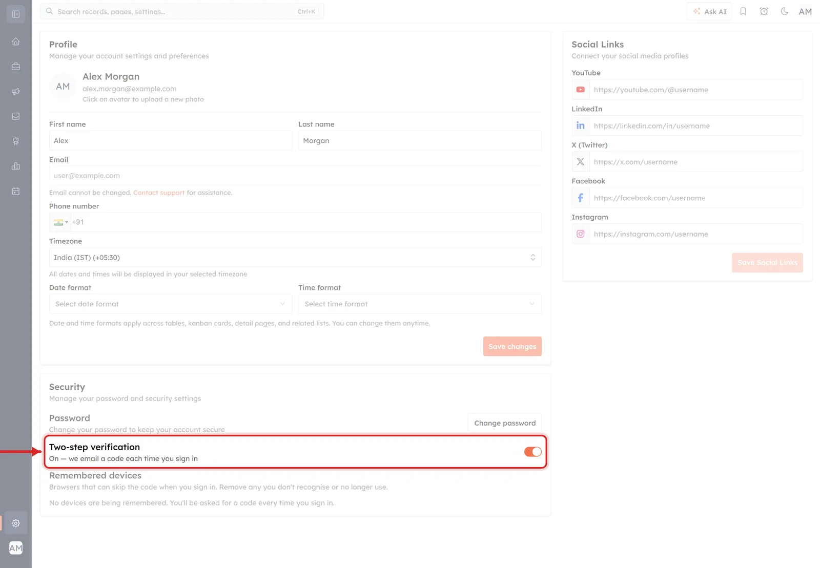 The Two-step verification row switched on, showing the orange toggle