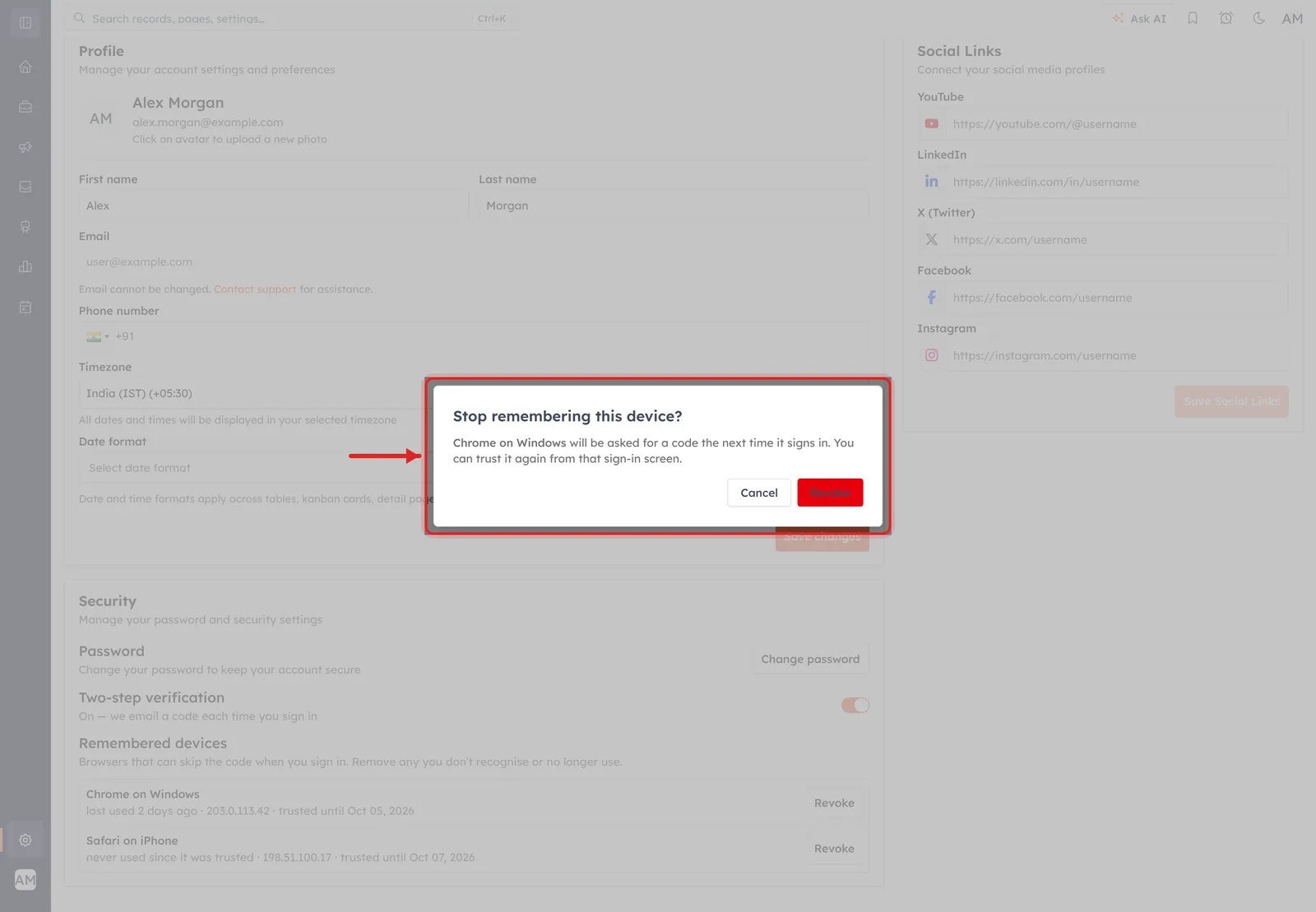 The Stop remembering this device? confirmation dialog