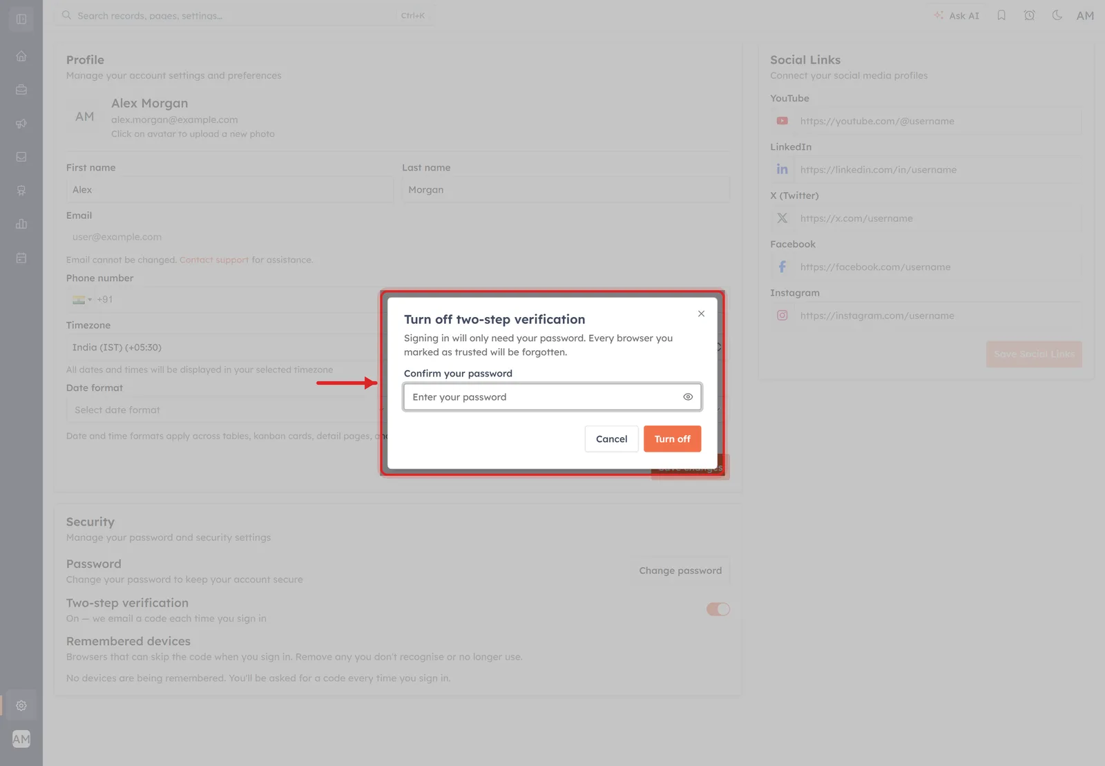 The Turn off two-step verification dialog