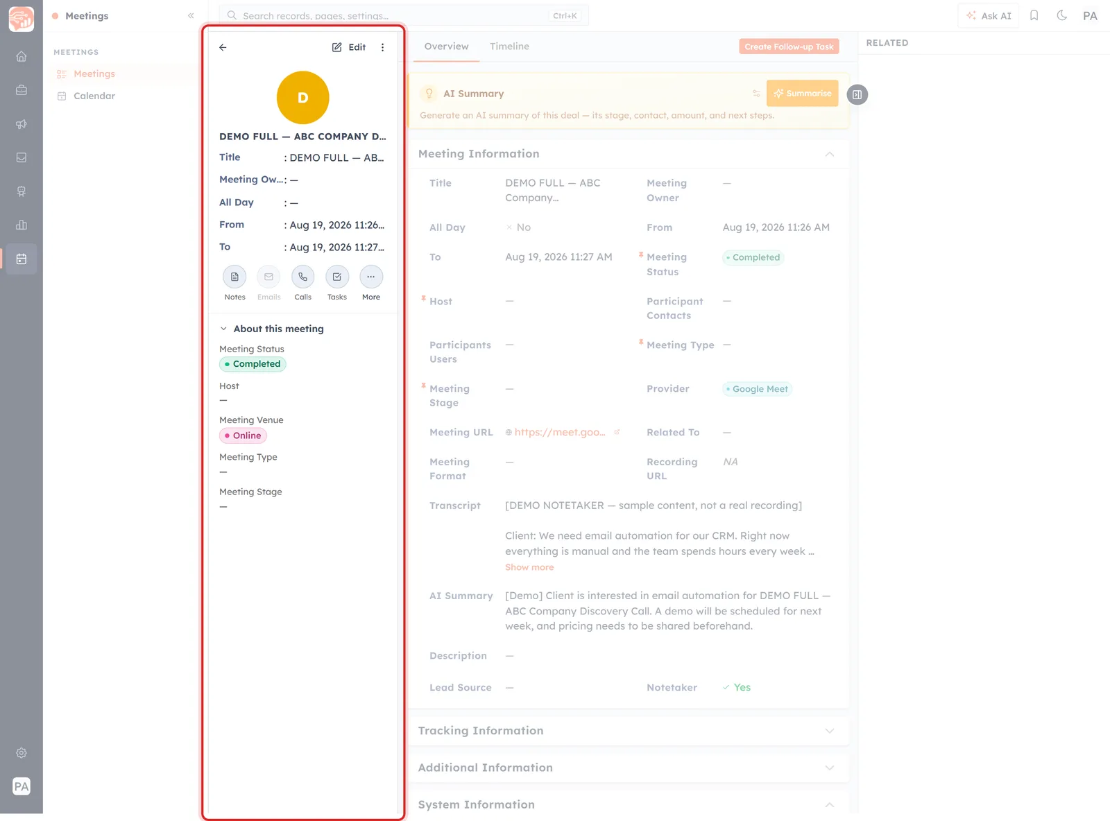 A meeting record with the About this meeting summary panel highlighted