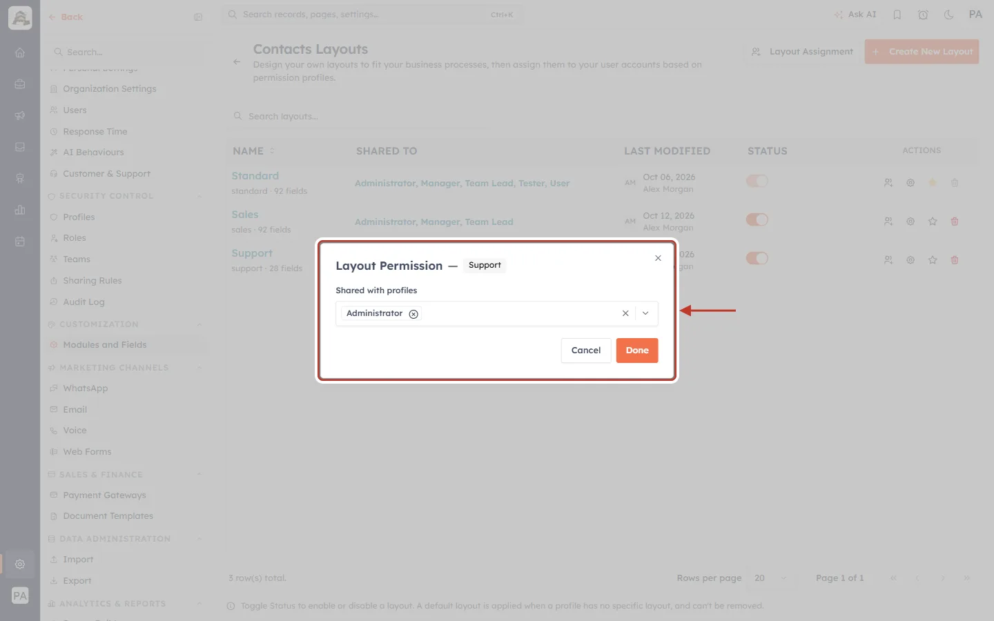 The Layout Permission window for Support