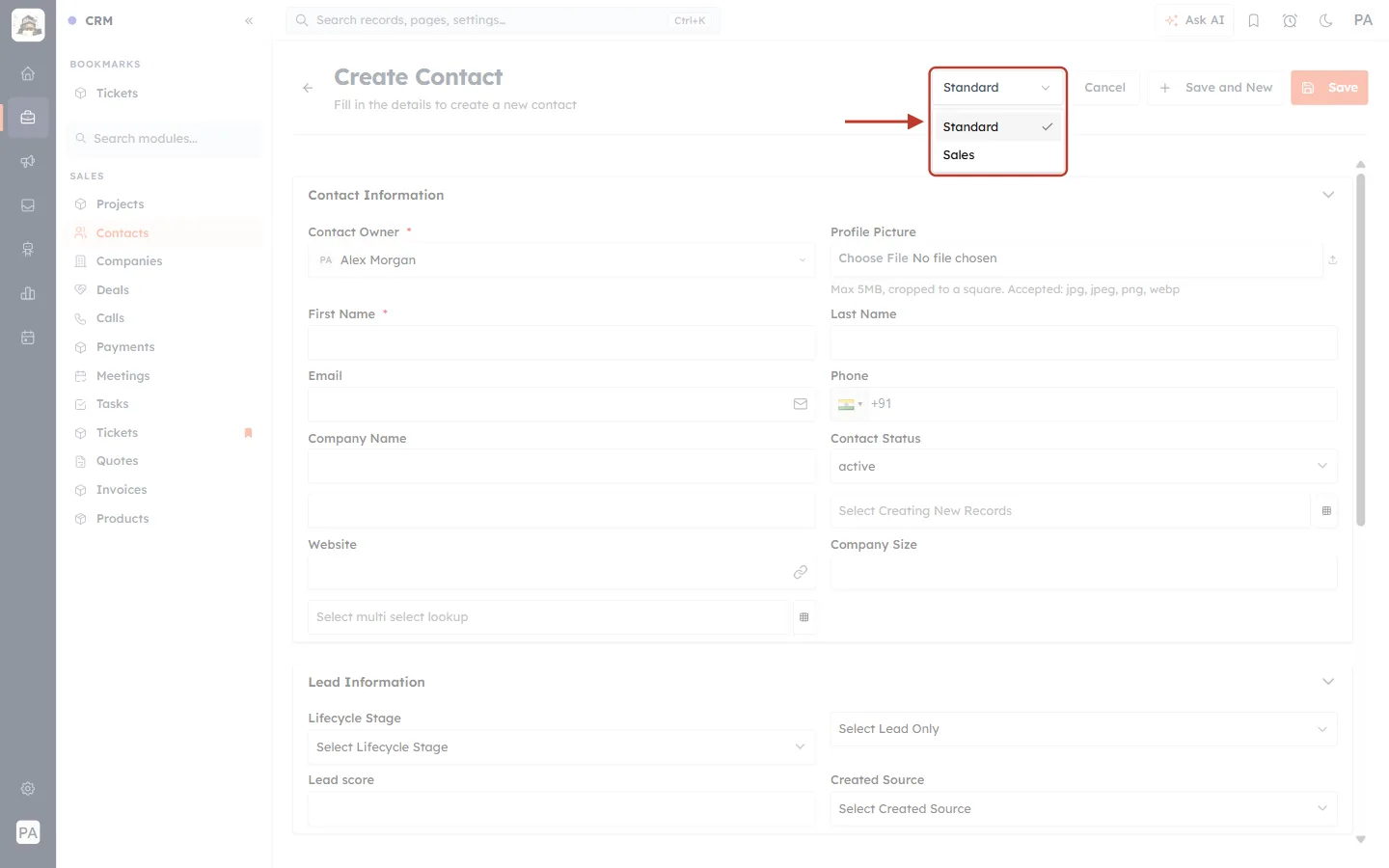 The Create Contact layout picker without Support