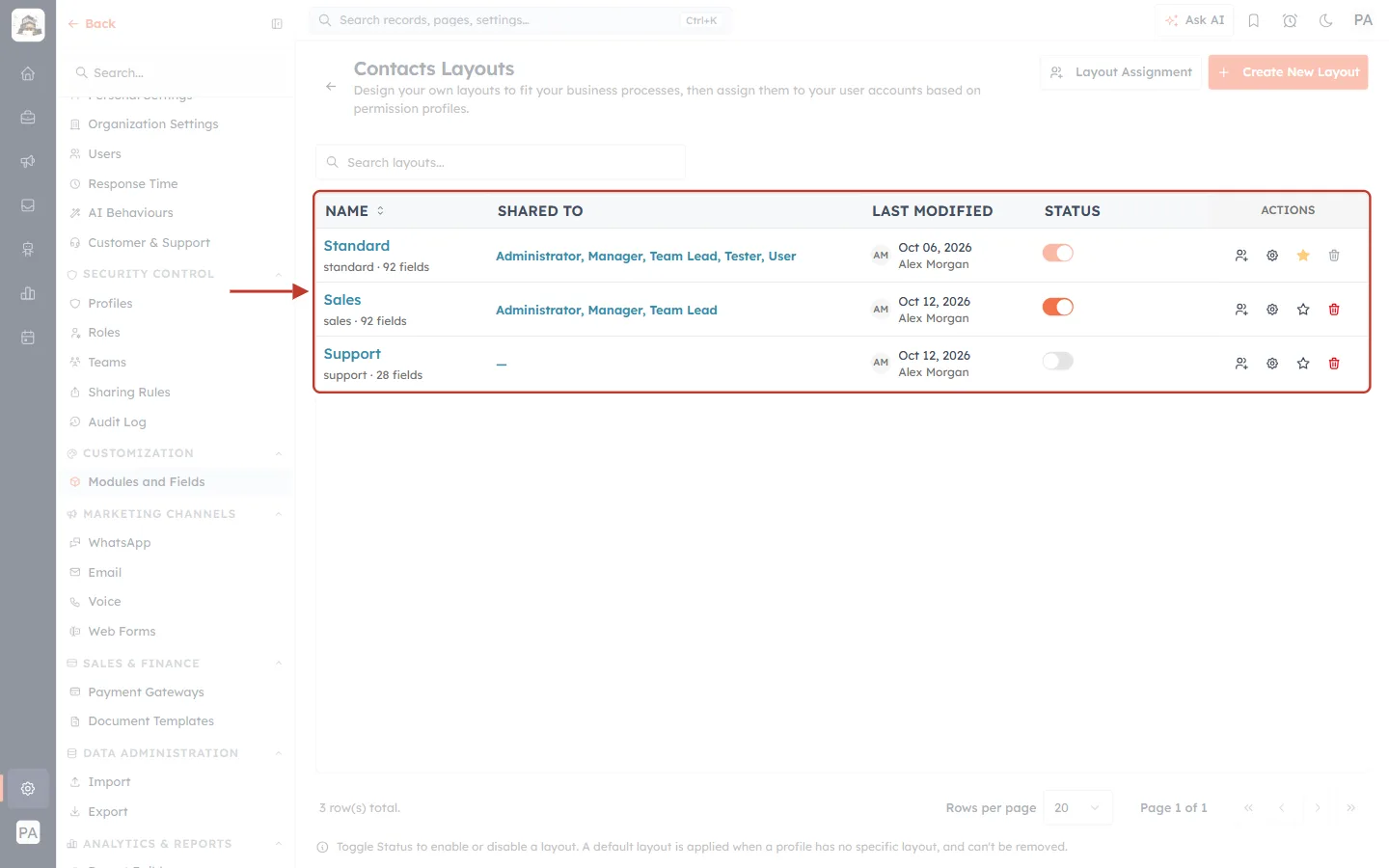The Layouts table with Support switched off